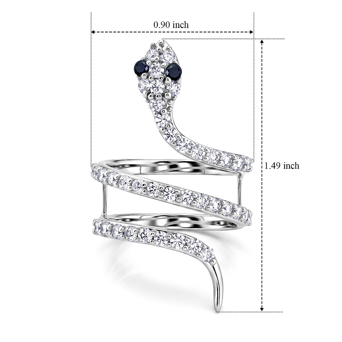 Simulated Black and White Diamond Snake Ring in Sterling Silver (Size 7.5) image number 5