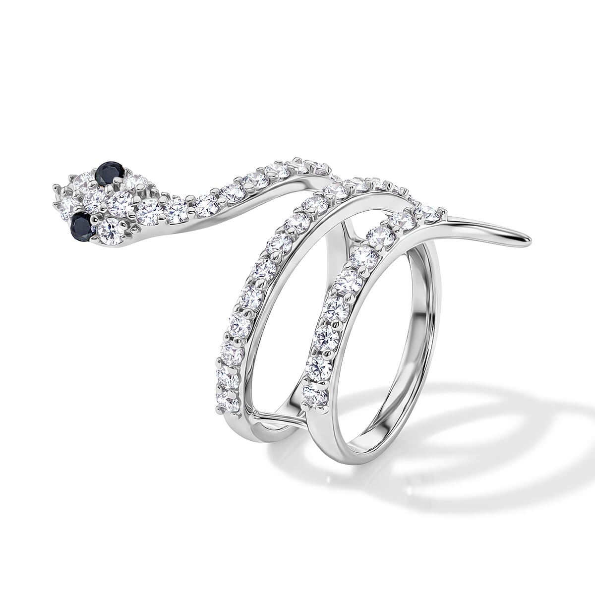 Simulated Black and White Diamond Snake Ring in Sterling Silver (Size 8.0) image number 3