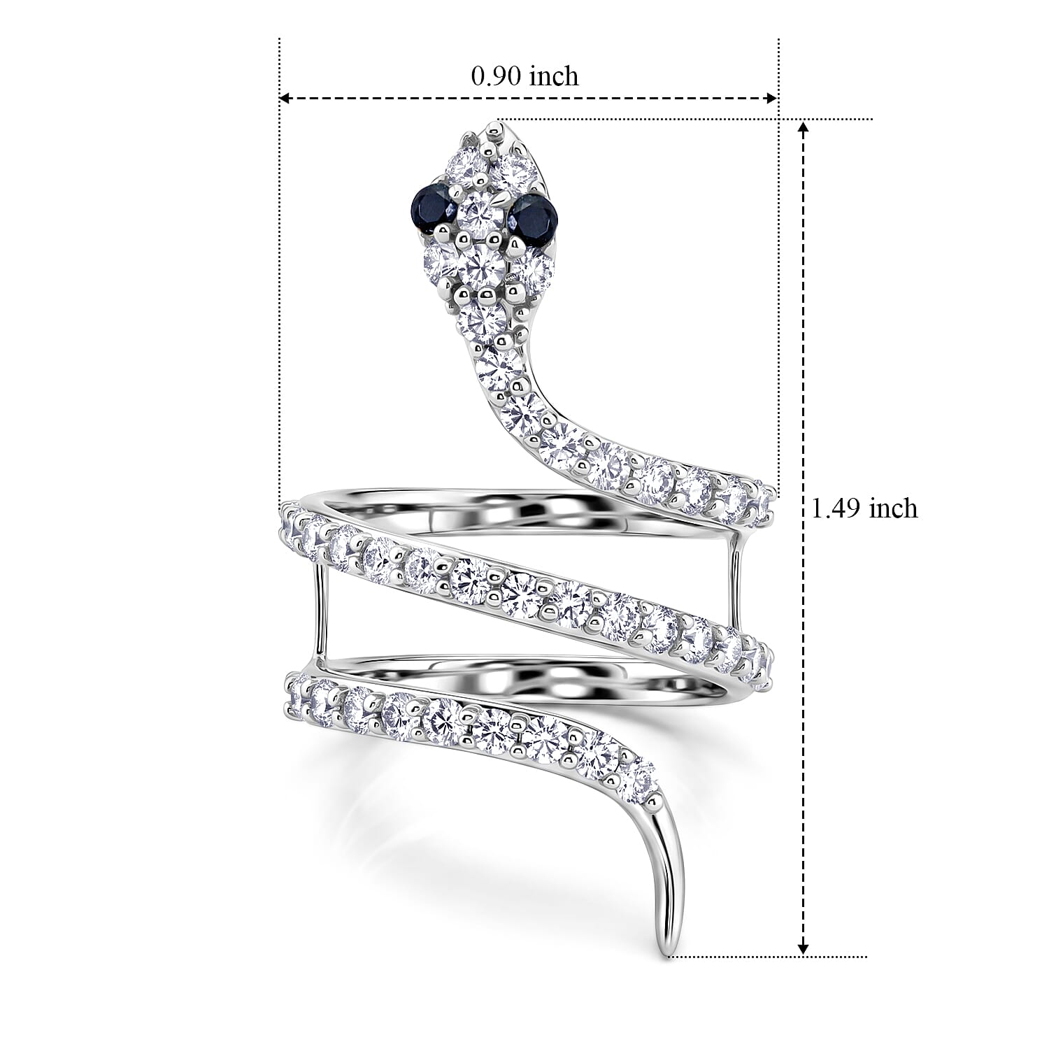 Simulated Black and White Diamond Snake Ring in Sterling Silver (Size 8.0)