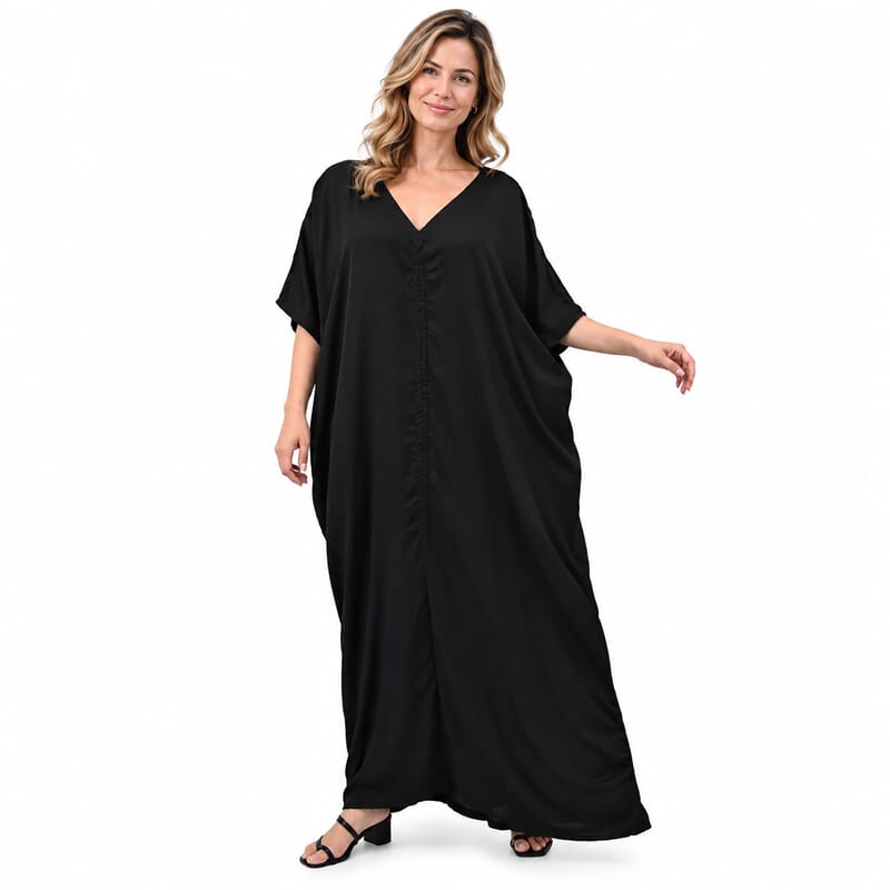 La Marey Black Poly Hammered Satin Kaftan Satin - One Size Fits Most
