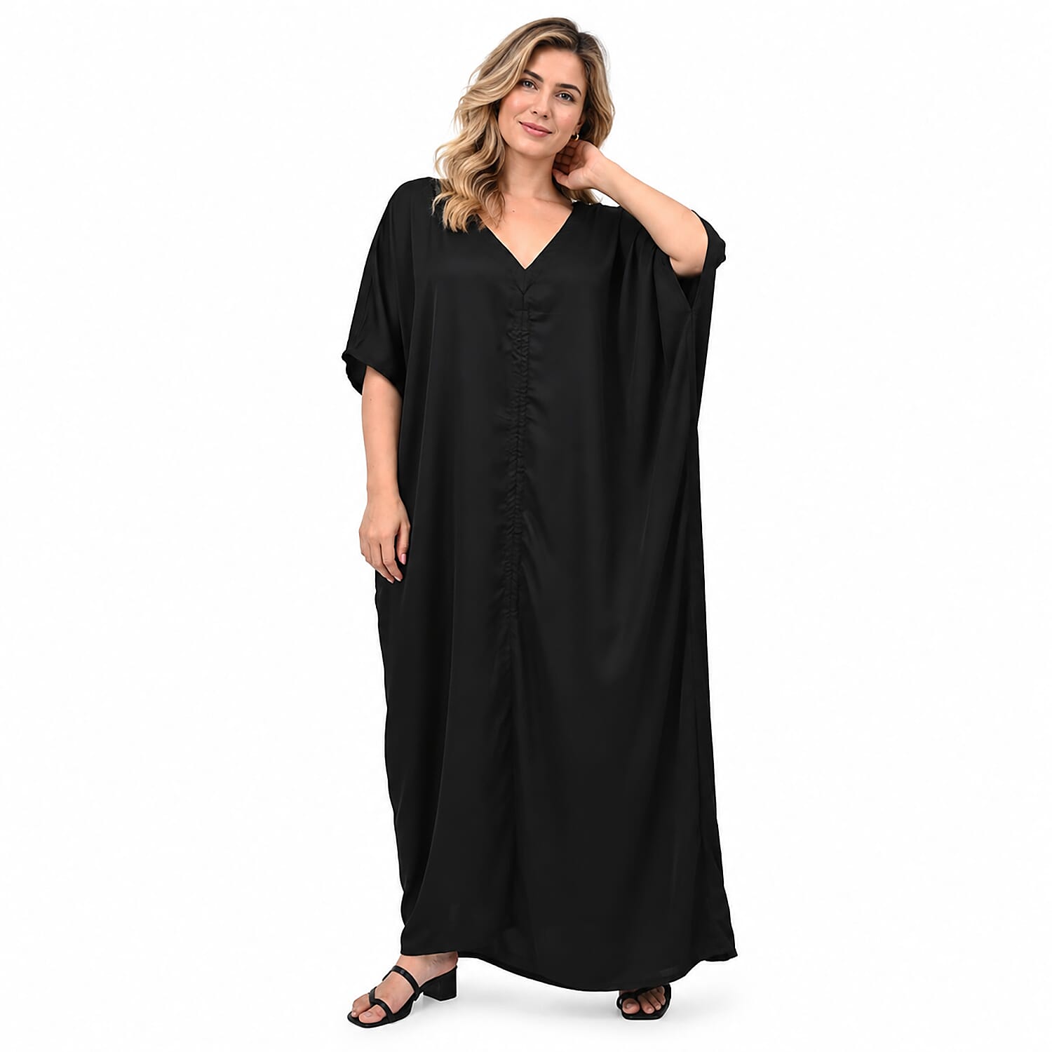 La Marey Black Poly Hammered Satin Kaftan Satin - One Size Fits Most