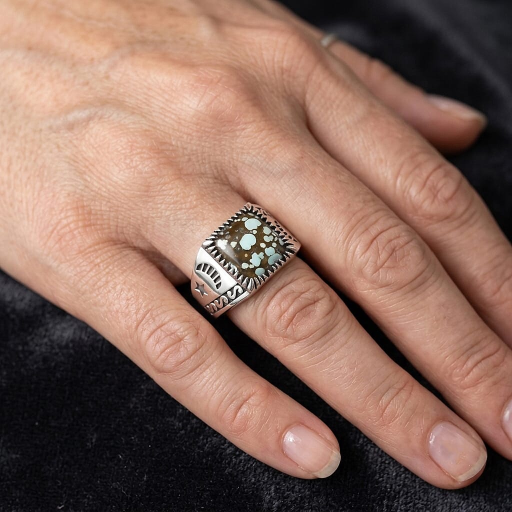 D'Joy Artisan Crafted Spiderweb Turquoise 5.40 ctw Men's Ring in Sterling Silver (Size 10.0)