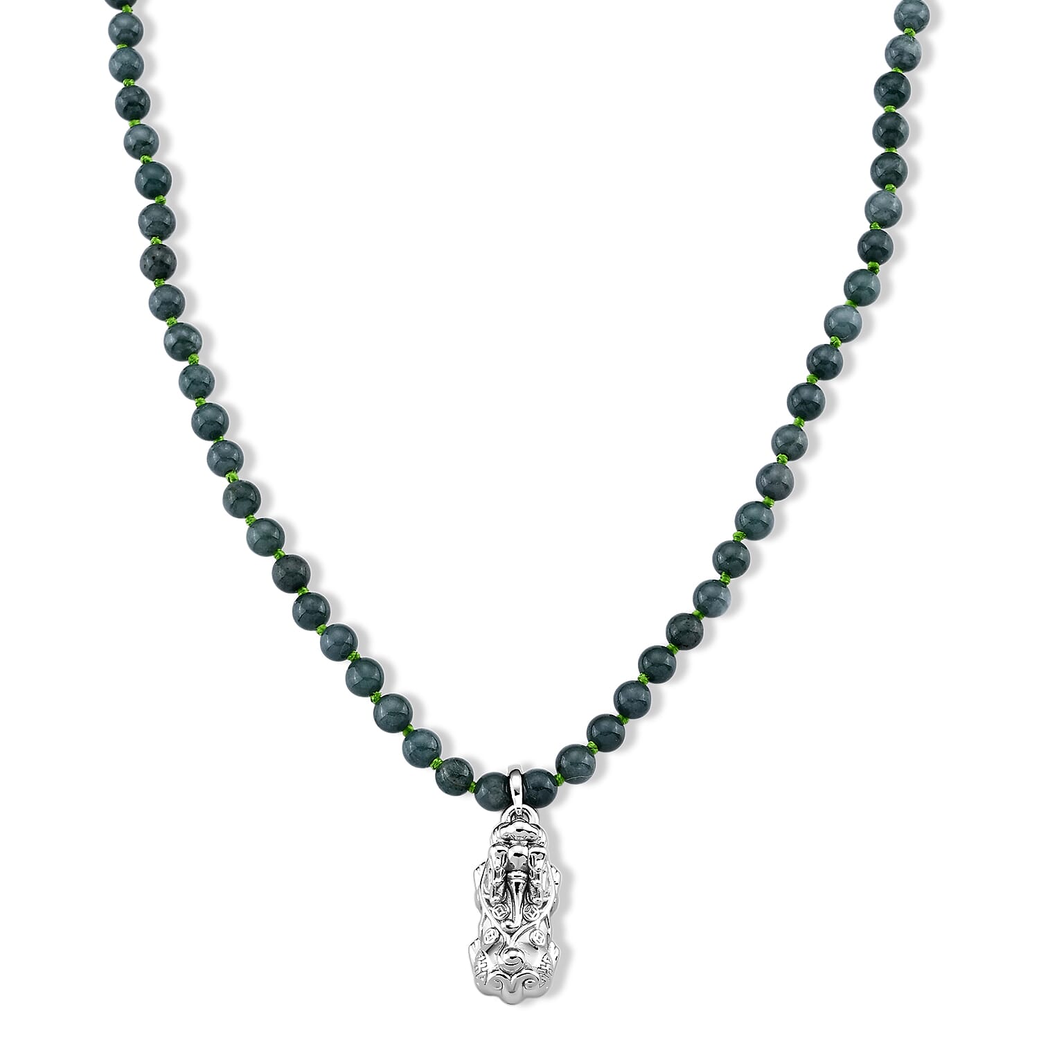 D'Joy Natural Olmec Jadeite 140.00 ctw Beaded Necklace with Pixiu (18 Inches) in Rhodium Over Sterling Silver