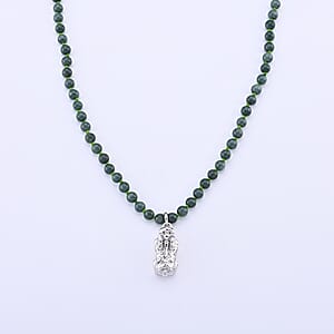 D'Joy Natural Olmec Jadeite Beaded Necklace with Pixiu (18 Inches) in Rhodium Over Sterling Silver 140.00 ctw