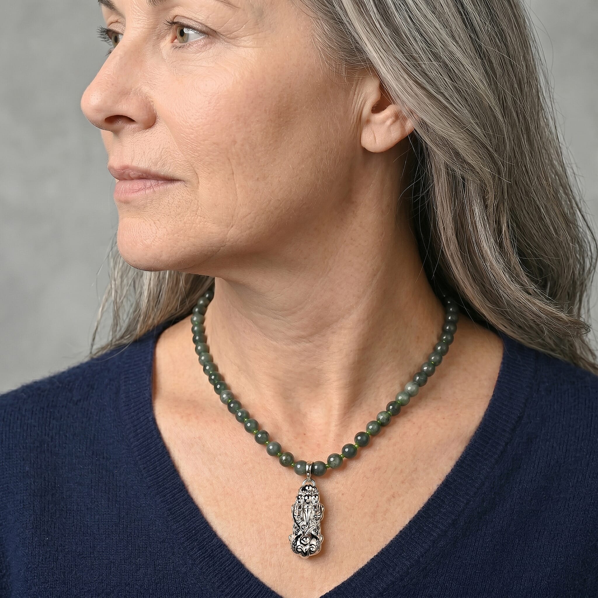D'Joy Natural Olmec Jadeite 140.00 ctw Beaded Necklace with Pixiu (18 Inches) in Rhodium Over Sterling Silver