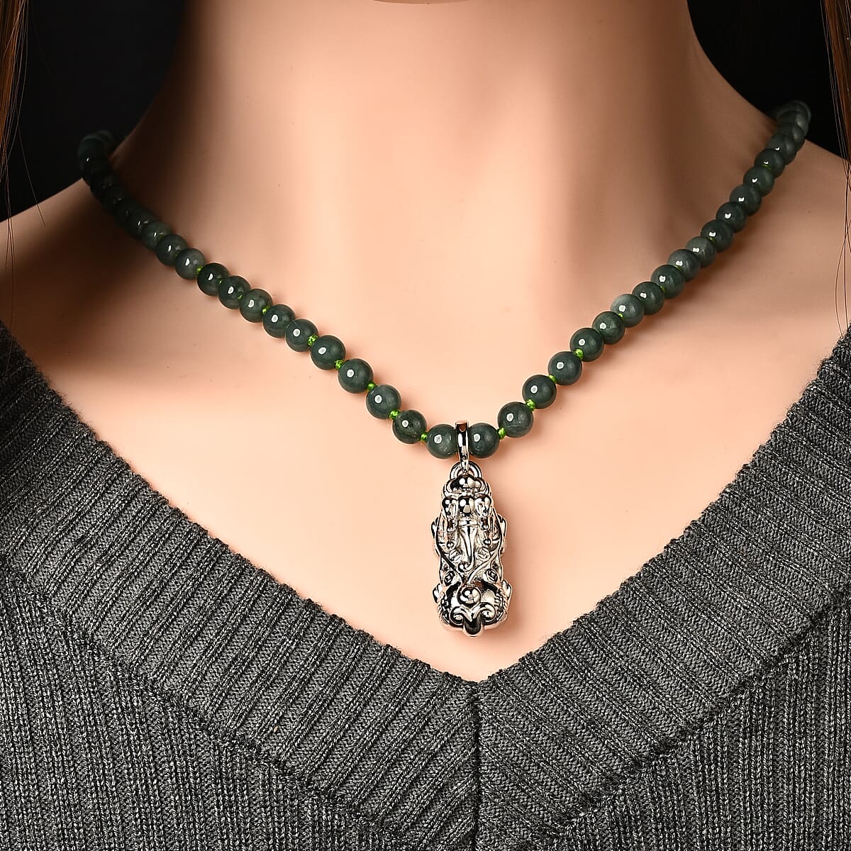 D'Joy Natural Olmec Jadeite Beaded Necklace with Pixiu (18 Inches) in Rhodium Over Sterling Silver 140.00 ctw image number 1