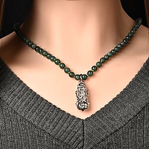 D'Joy Natural Olmec Jadeite Beaded Necklace with Pixiu (18 Inches) in Rhodium Over Sterling Silver 140.00 ctw