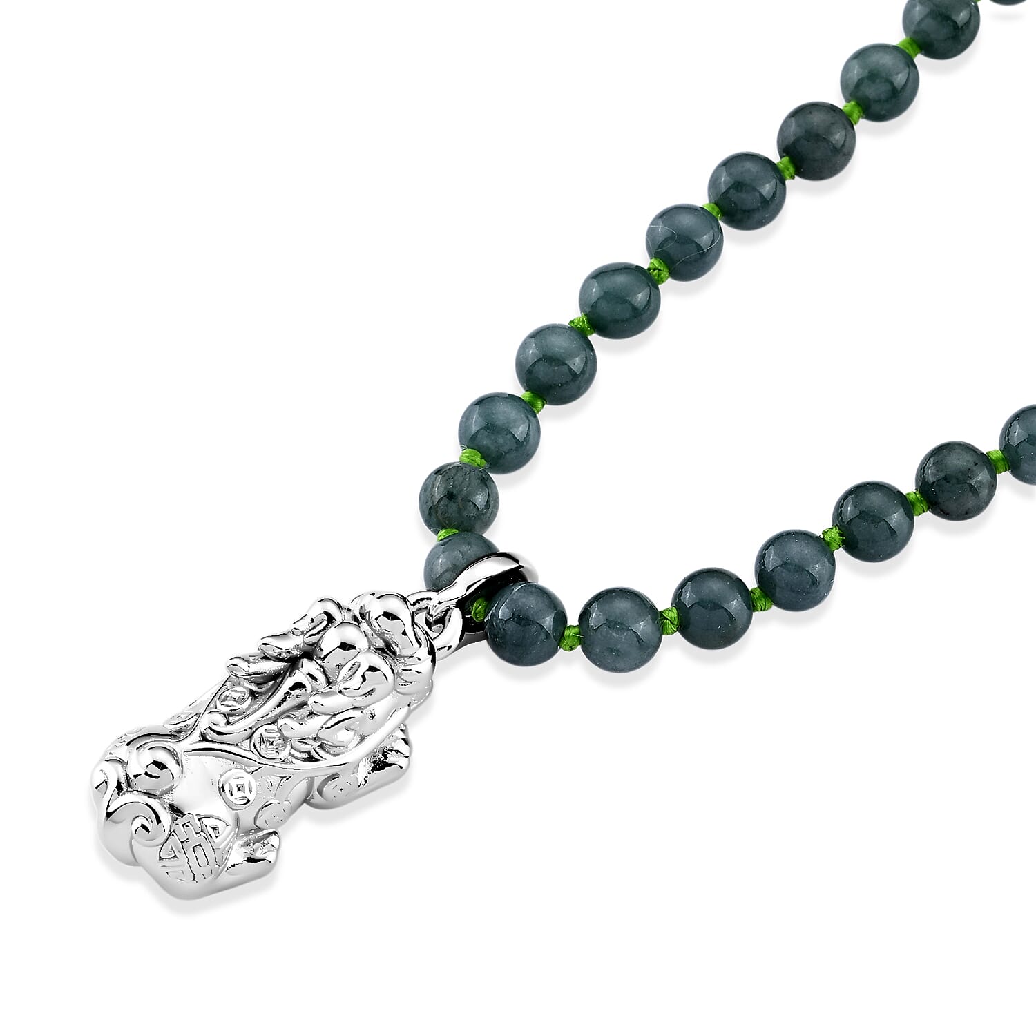 D'Joy Natural Olmec Jadeite 140.00 ctw Beaded Necklace with Pixiu (18 Inches) in Rhodium Over Sterling Silver