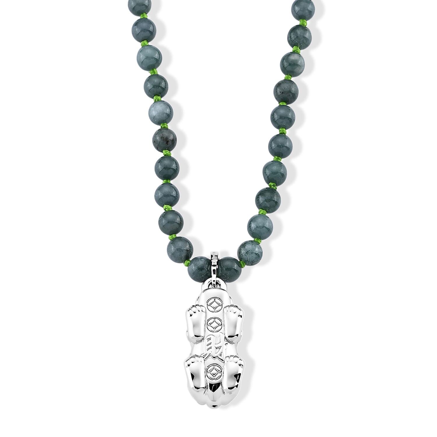 D'Joy Natural Olmec Jadeite 140.00 ctw Beaded Necklace with Pixiu (18 Inches) in Rhodium Over Sterling Silver