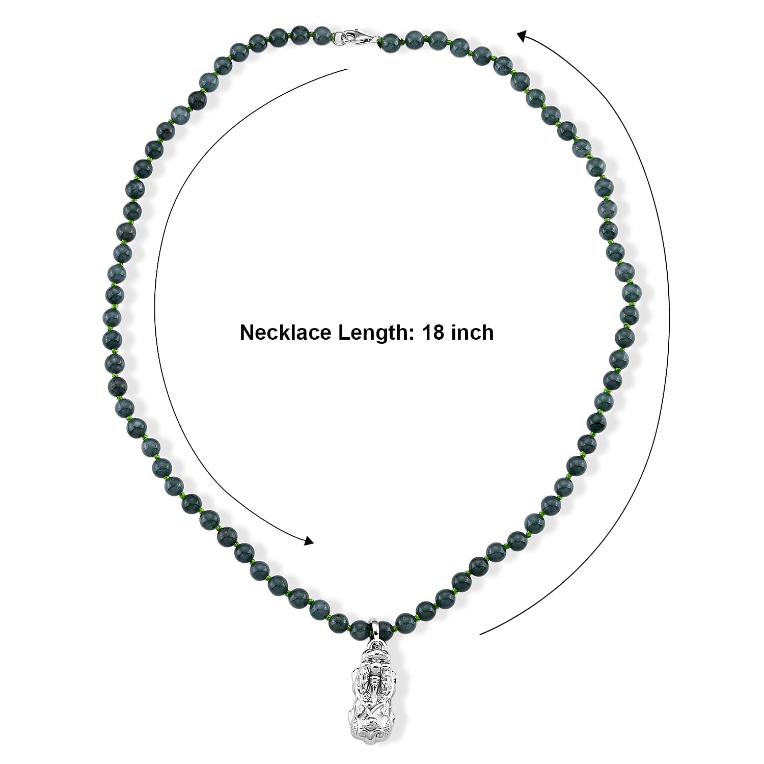 D'Joy Natural Olmec Jadeite 140.00 ctw Beaded Necklace with Pixiu (18 Inches) in Rhodium Over Sterling Silver