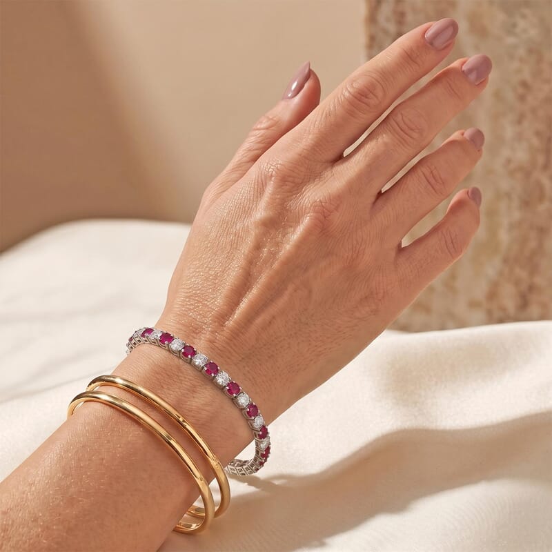 EverTrue Lab Grown Ruby and Moissanite 6.90 ctw Timeless Symphony Bracelet in Platinum Bond (7.25 In)