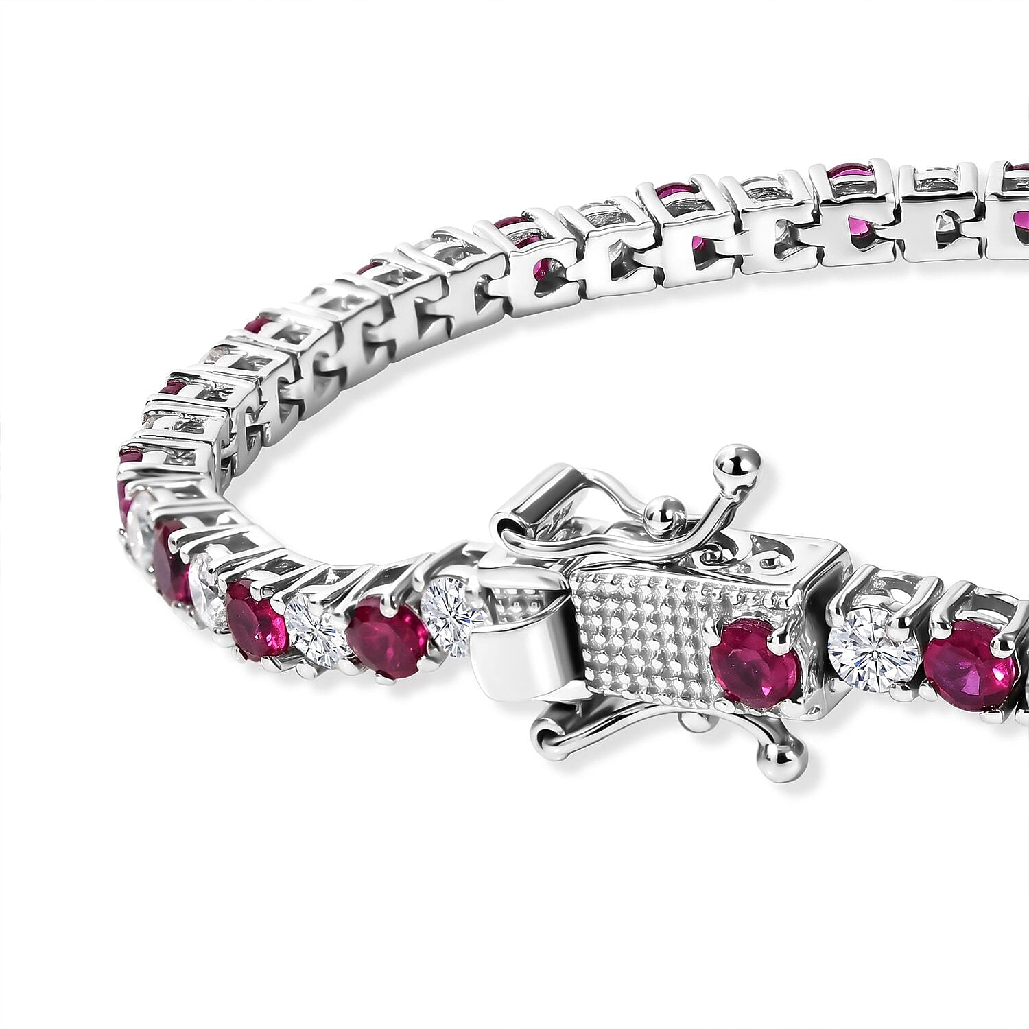 EverTrue Lab Grown Ruby and Moissanite 6.90 ctw Timeless Symphony Bracelet in Platinum Bond (7.25 In)