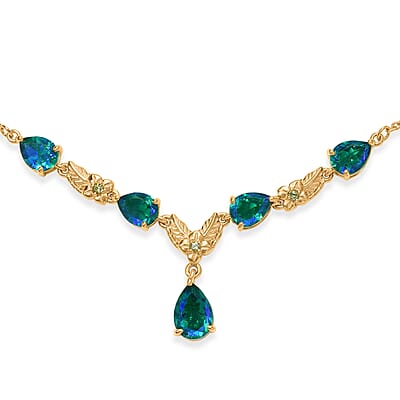 EverTrue Peacock Quartz (Triplet) and Hebei Peridot 7.60 ctw Royal Blossom Feather Necklace (18-20 Inches) in 18K YG Plated with ION Plated YG Stainless Steel