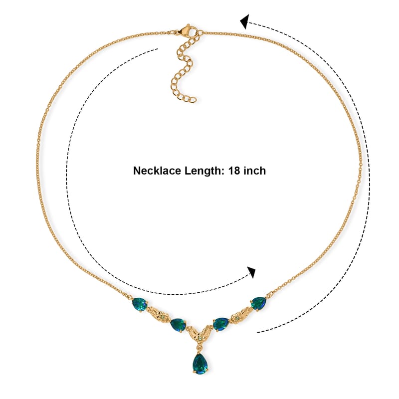 EverTrue Peacock Quartz (Triplet) and Hebei Peridot 7.60 ctw Royal Blossom Feather Necklace (18-20 Inches) in 18K YG Plated with ION Plated YG Stainless Steel