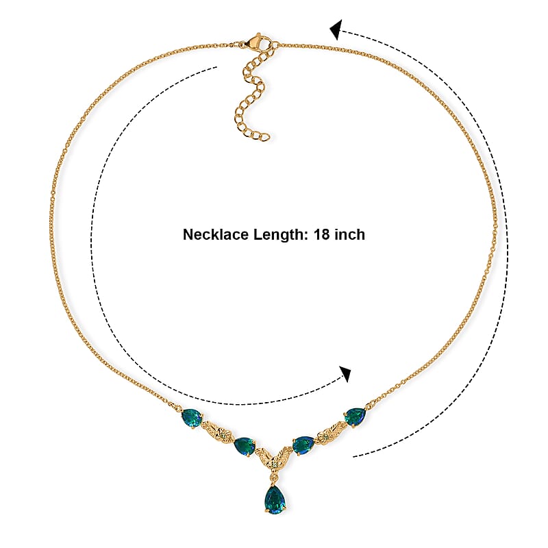 EverTrue Peacock Quartz (Triplet) and Hebei Peridot 7.60 ctw Royal Blossom Feather Necklace (18-20 Inches) in 18K YG Plated with ION Plated YG Stainless Steel