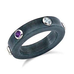 D'Joy Natural Olmec Jadeite and Multi Gemstone 21.50 ctw Band Ring in Rhodium Over Sterling Silver (Size 10.0)