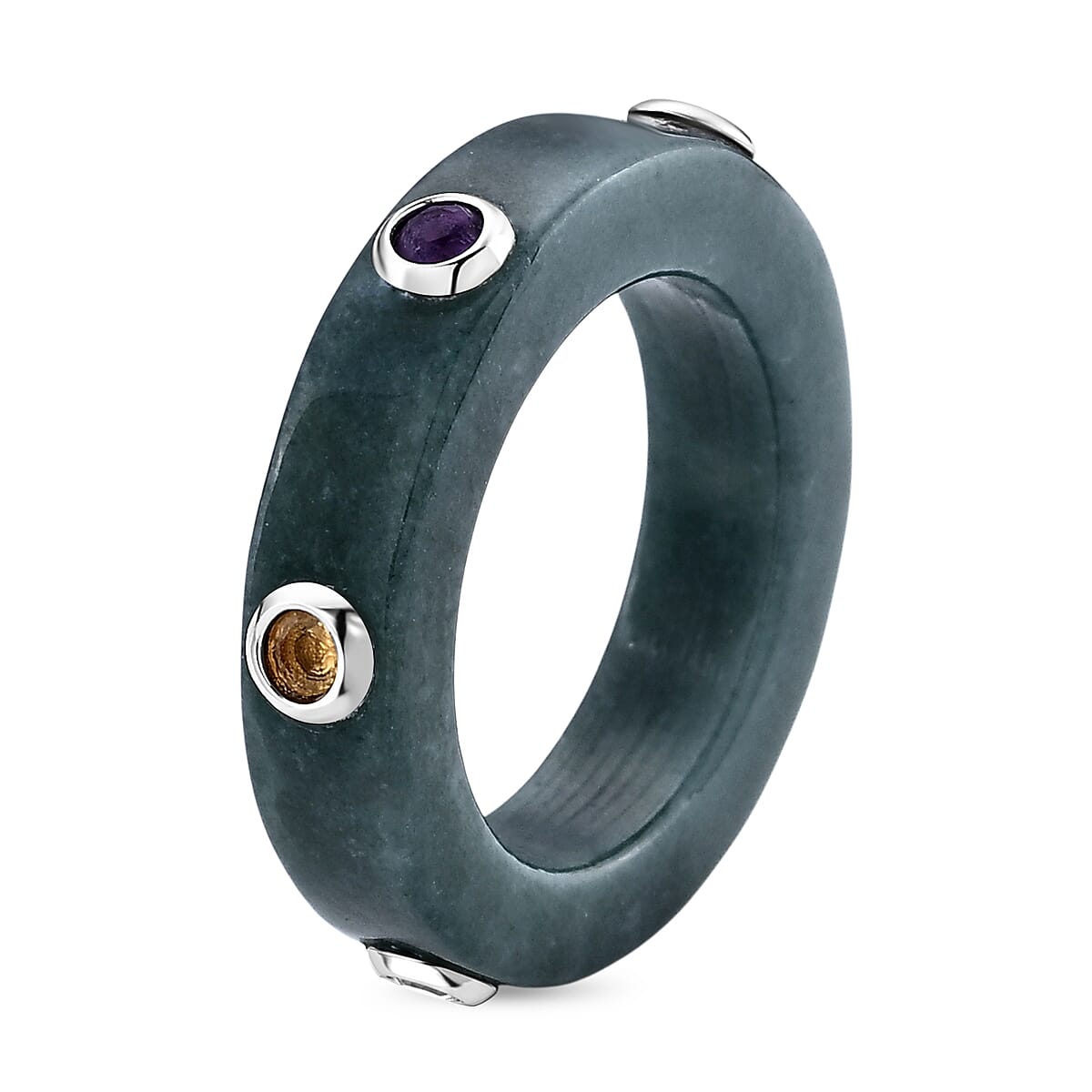 D'Joy Natural Olmec Jadeite and Multi Gemstone 21.50 ctw Band Ring in Rhodium Over Sterling Silver (Size 10.0) image number 2