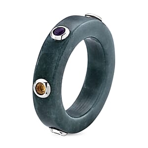 D'Joy Natural Olmec Jadeite and Multi Gemstone 21.50 ctw Band Ring in Rhodium Over Sterling Silver (Size 10.0)