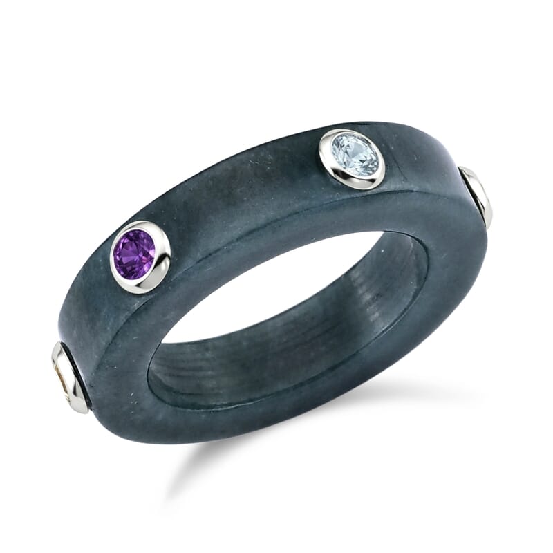 D'Joy Natural Olmec Jadeite and Multi Gemstone 21.50 ctw Band Ring in Rhodium Over Sterling Silver (Size 5.0)