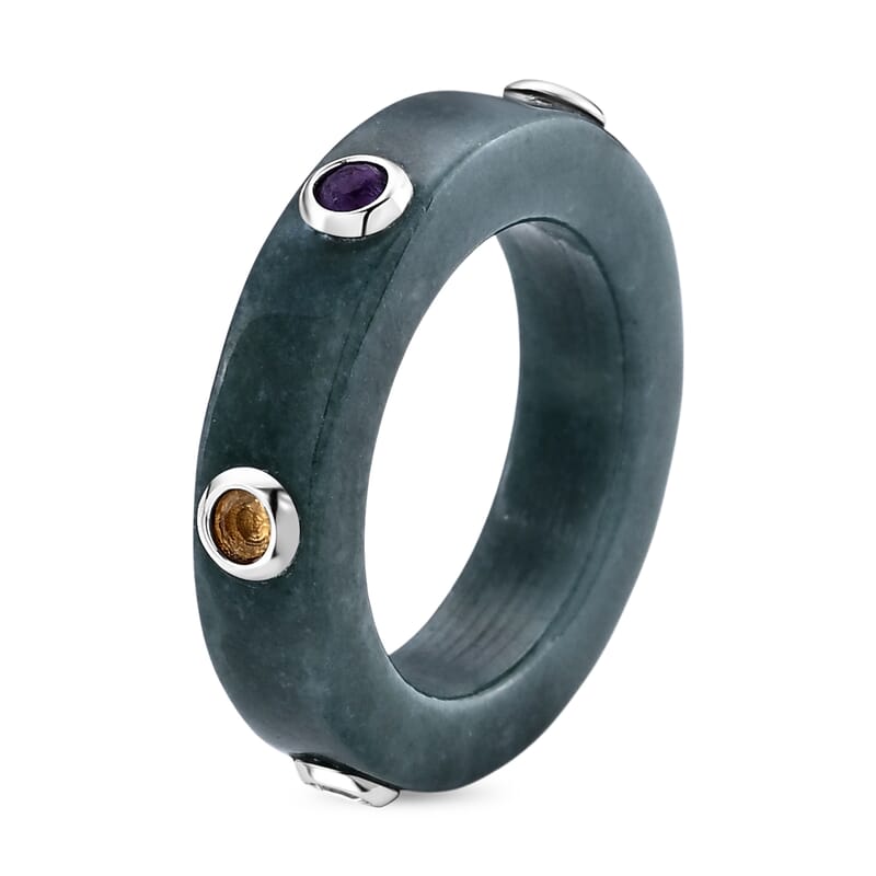 D'Joy Natural Olmec Jadeite and Multi Gemstone 21.50 ctw Band Ring in Rhodium Over Sterling Silver (Size 5.0)