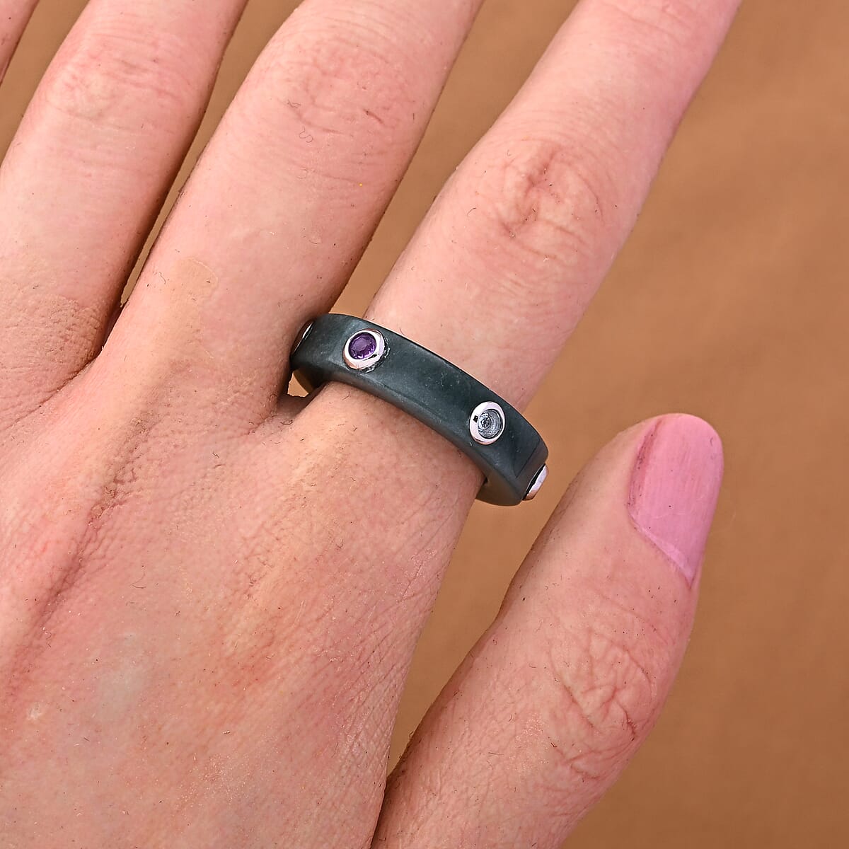 D'Joy Natural Olmec Jadeite and Multi Gemstone 21.50 ctw Band Ring in Rhodium Over Sterling Silver (Size 7.0) image number 1