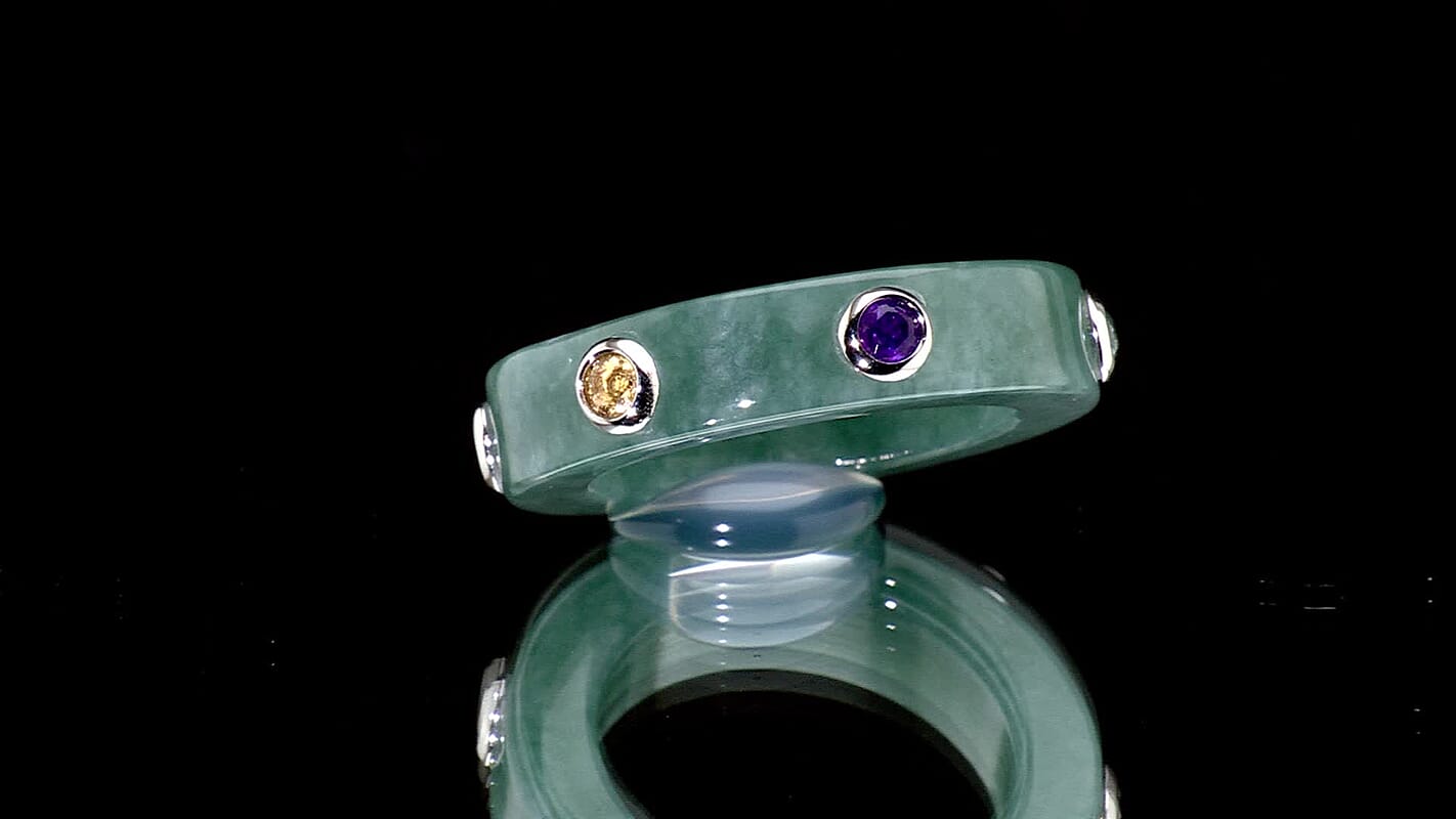 D'Joy Natural Olmec Jadeite, Multi Gemstone Band Ring in Rhodium Over Sterling Silver (Size 10.0) 21.50 ctw