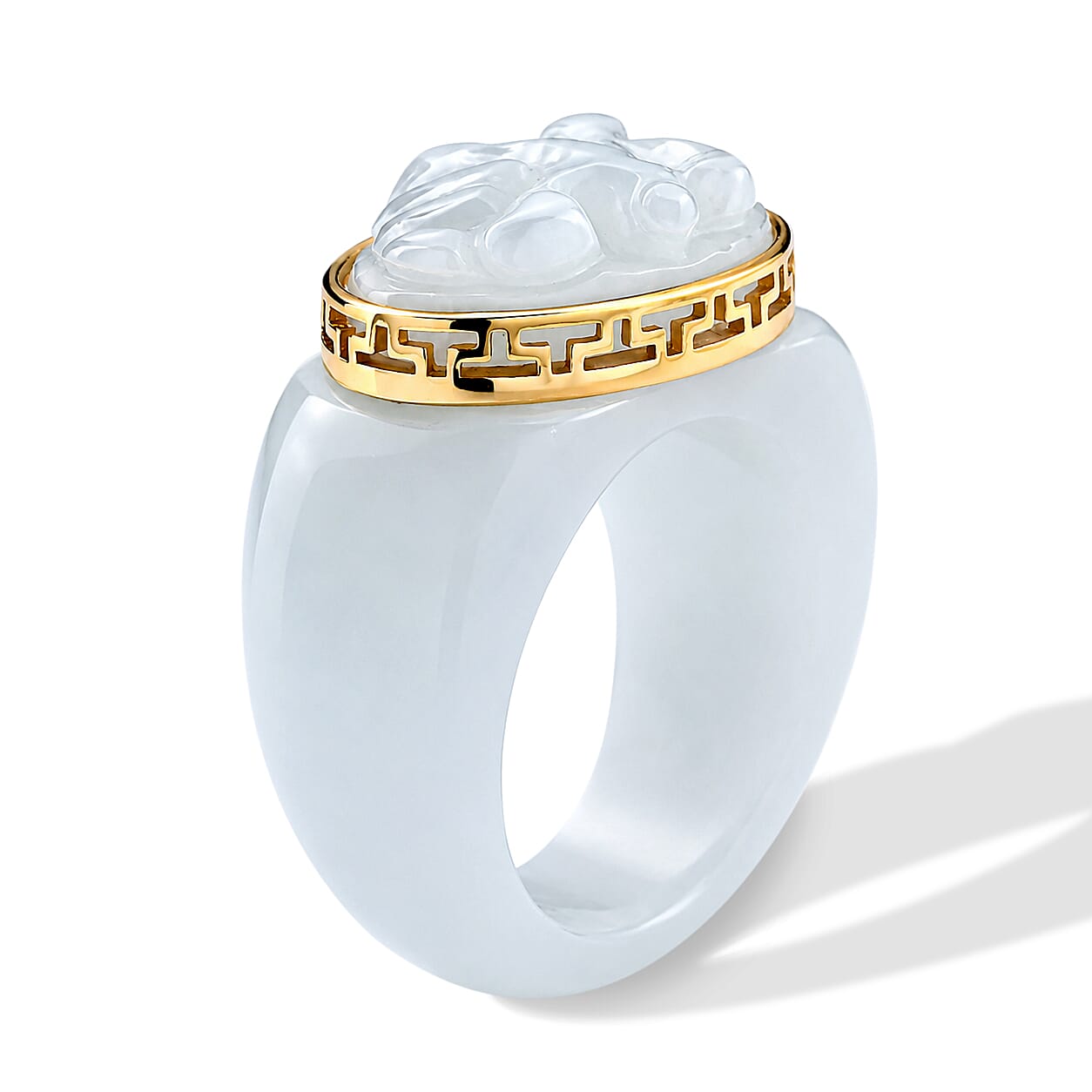 D'Joy Natural Jade 39.40 ctw Carved and Band Ring in 14K Yellow Gold Over Sterling Silver (Size 5.0)
