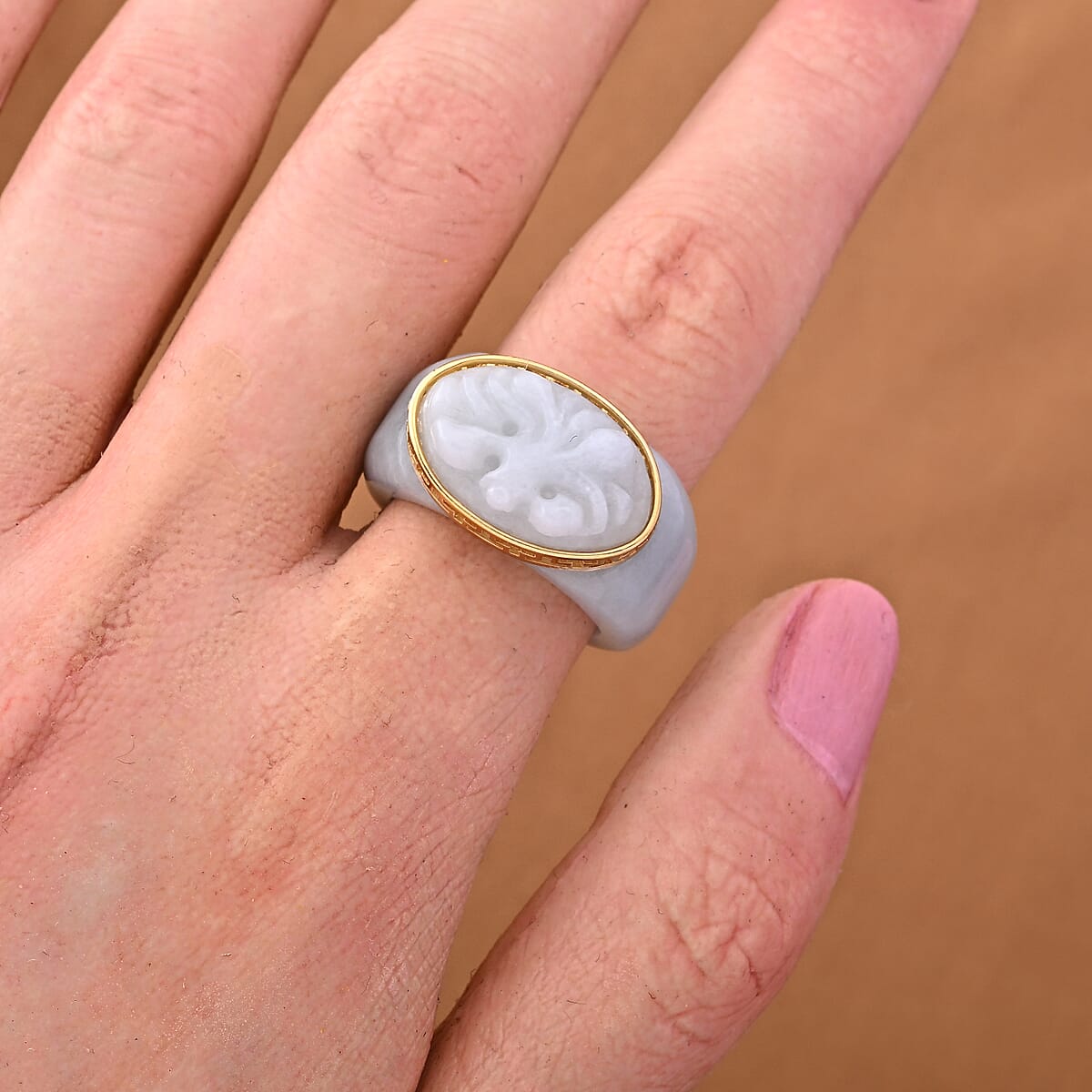 D'Joy Natural Jade 39.40 ctw Carved and Band Ring in 14K Yellow Gold Over Sterling Silver (Size 7.0) image number 1