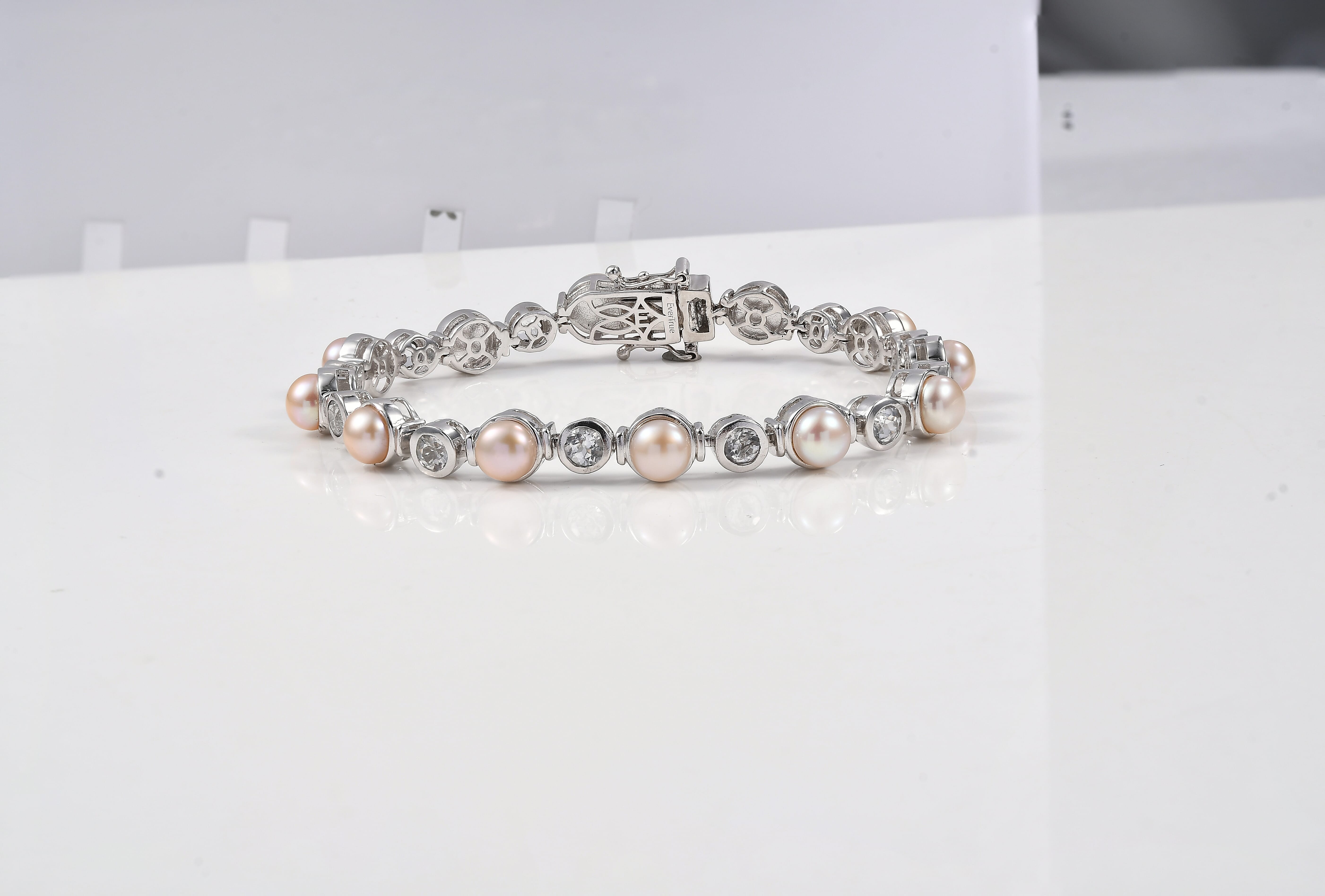 EverTrue Pink Freshwater Pearl and White Topaz 3.15 ctw Endless Pearl Harmony Bracelet in Platinum Bond (6.50 In)
