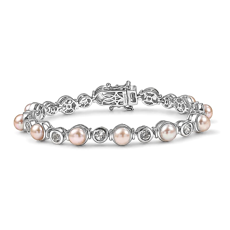 EverTrue Pink Freshwater Pearl and White Topaz 3.15 ctw Endless Pearl Harmony Bracelet in Platinum Bond (6.50 In)