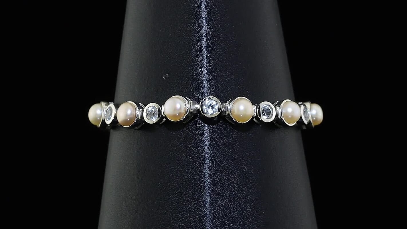 EverTrue Pink Freshwater Pearl, White Topaz Endless Pearl Harmony Bracelet in Platinum Bon (8.00 In) 22.91 ctw