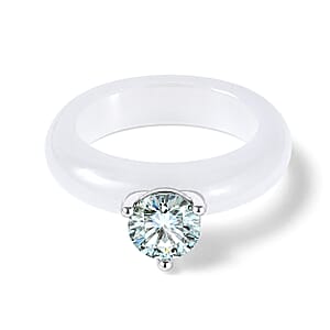 D'Joy Paraiba Moissanite and Natural Jade Band 13.75 ctw Solitaire Ring in Rhodium Over Sterling Silver (Size 10.0)