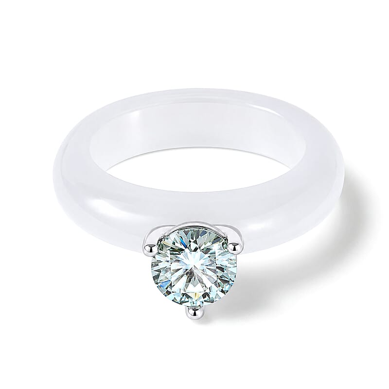 D'Joy Paraiba Moissanite and Natural Jade Band 13.75 ctw Solitaire Ring in Rhodium Over Sterling Silver (Size 5.0)