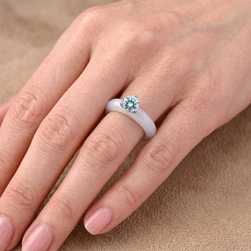 D'Joy Paraiba Moissanite and Natural Jade Band 13.75 ctw Solitaire Ring in Rhodium Over Sterling Silver (Size 5.0)