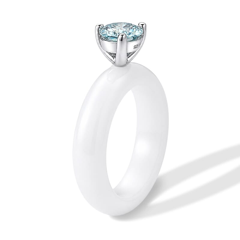 D'Joy Paraiba Moissanite and Natural Jade Band 13.75 ctw Solitaire Ring in Rhodium Over Sterling Silver (Size 5.0)