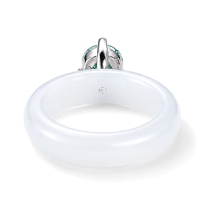 D'Joy Paraiba Moissanite and Natural Jade Band 13.75 ctw Solitaire Ring in Rhodium Over Sterling Silver (Size 5.0)