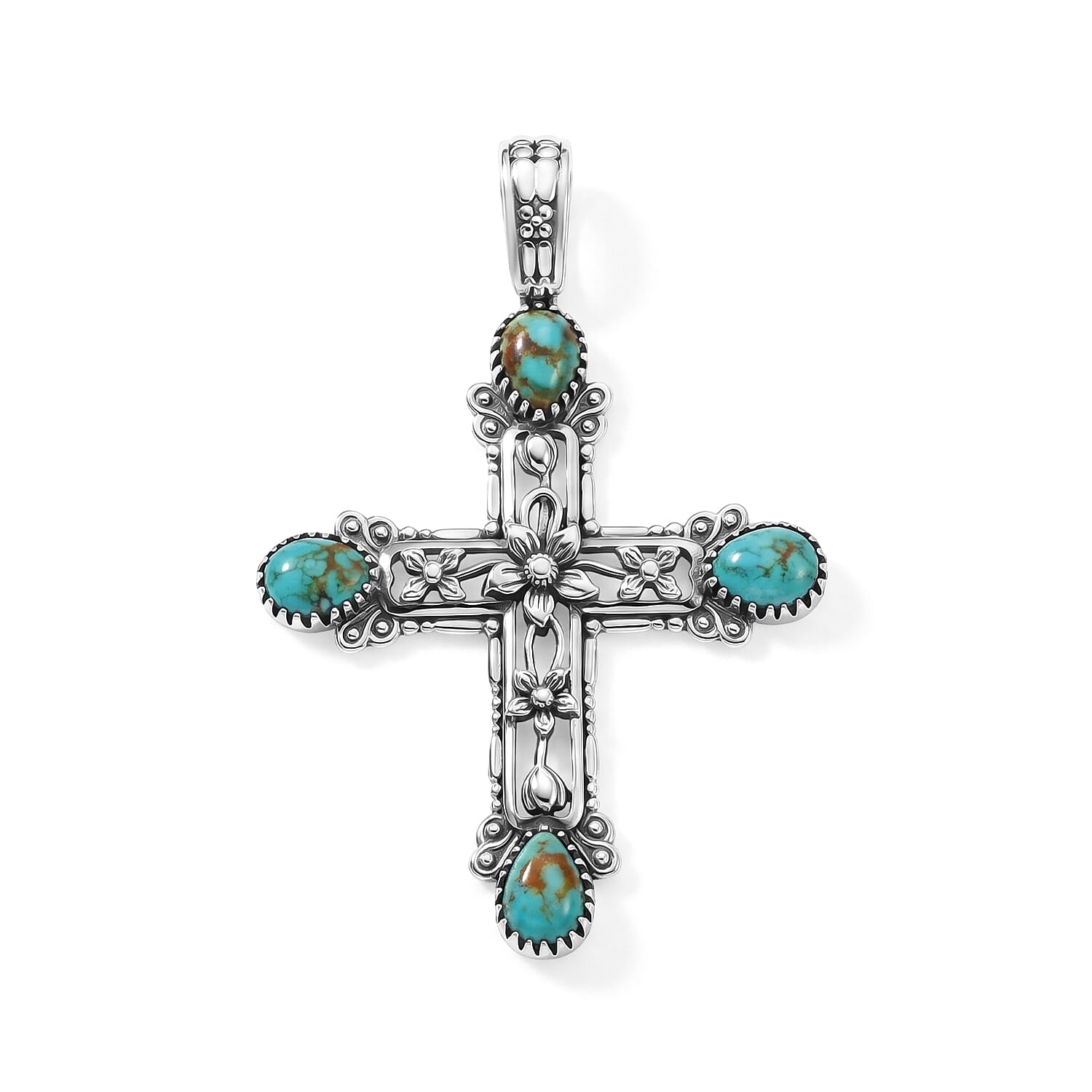 D'Joy Artisan Crafted Premium Royston Turquoise 3.20 ctw Cross Pendant without Chain in Sterling Silver