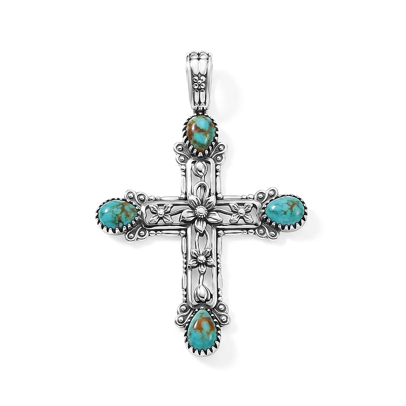 D'Joy Artisan Crafted Premium Royston Turquoise 3.20 ctw Cross Pendant without Chain in Sterling Silver