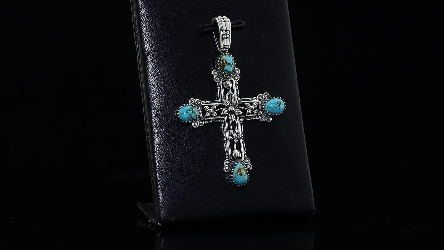 D'Joy Artisan Crafted Premium Royston Turquoise Cross Pendant without Chain in Sterling Silver 3.20 ctw