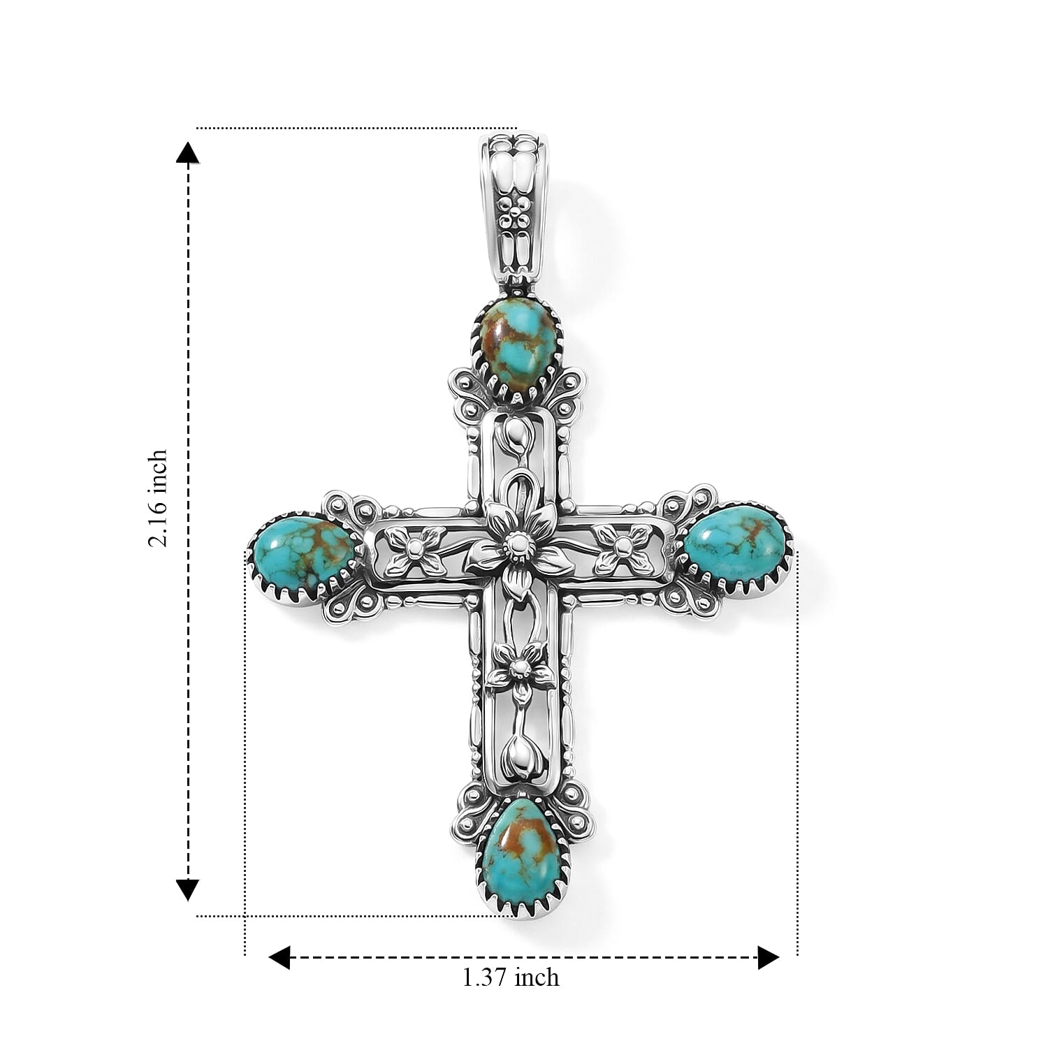 D'Joy Artisan Crafted Premium Royston Turquoise 3.20 ctw Cross Pendant without Chain in Sterling Silver