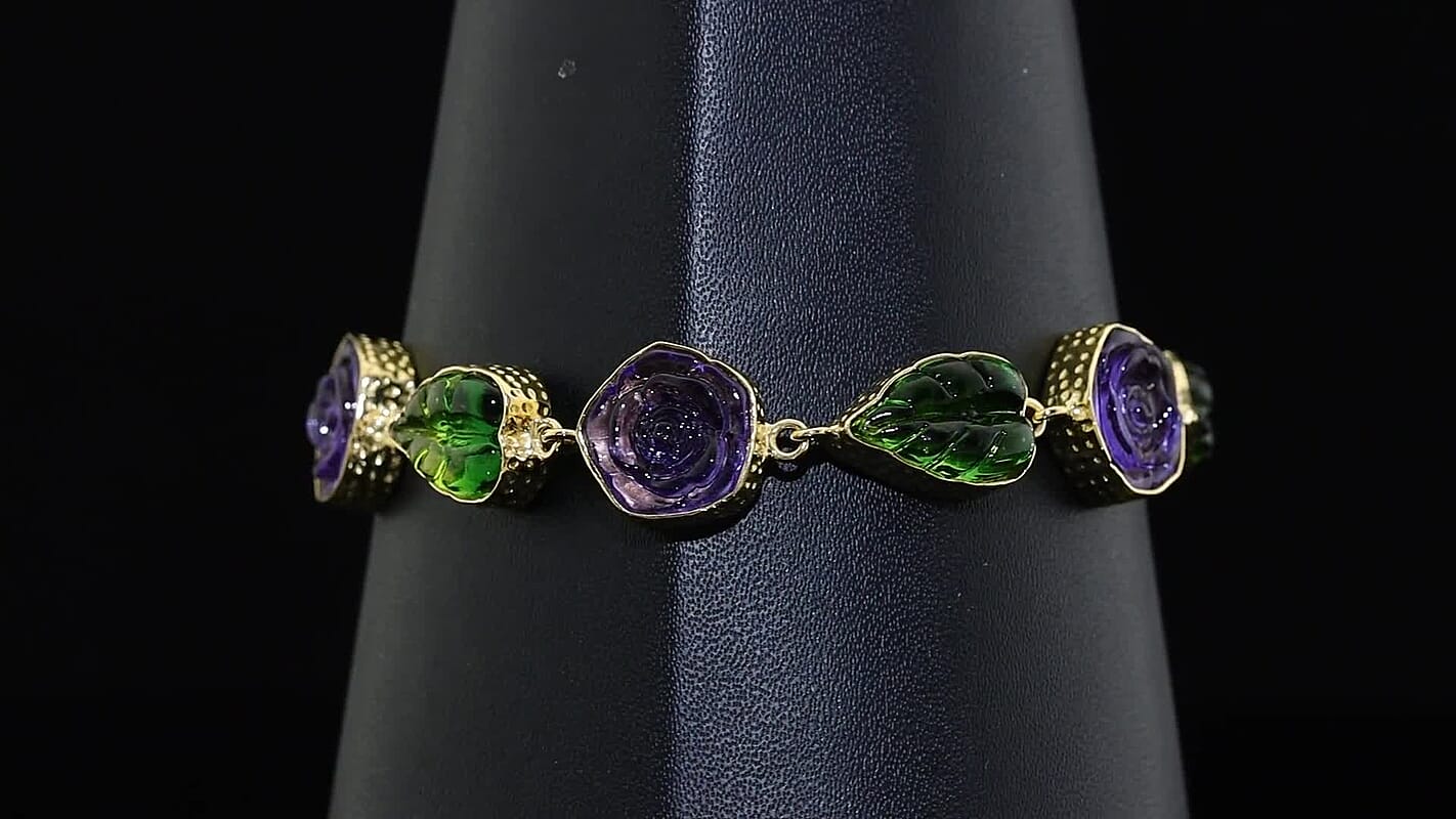 GP Green and Purple Murano Style Bracelet in 18K Vermeil Yellow Gold Over Sterling Silver (7.25-8.25In)