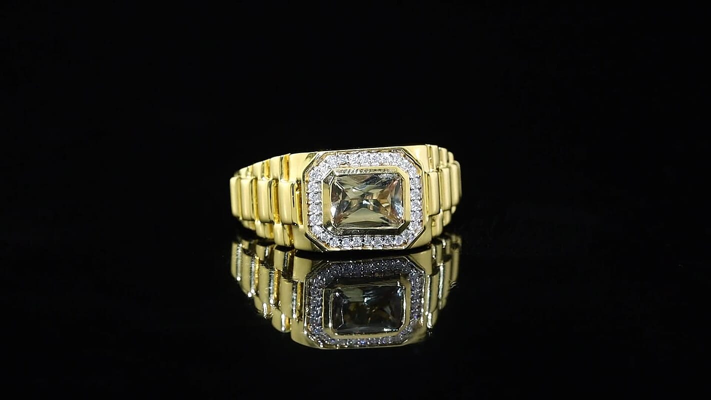D'Joy Radiant Cut AAA Turkizite, Moissanite Men's Ring in 18K Vermeil YG Over Sterling Silver (Size 10.0) 1.90 ctw