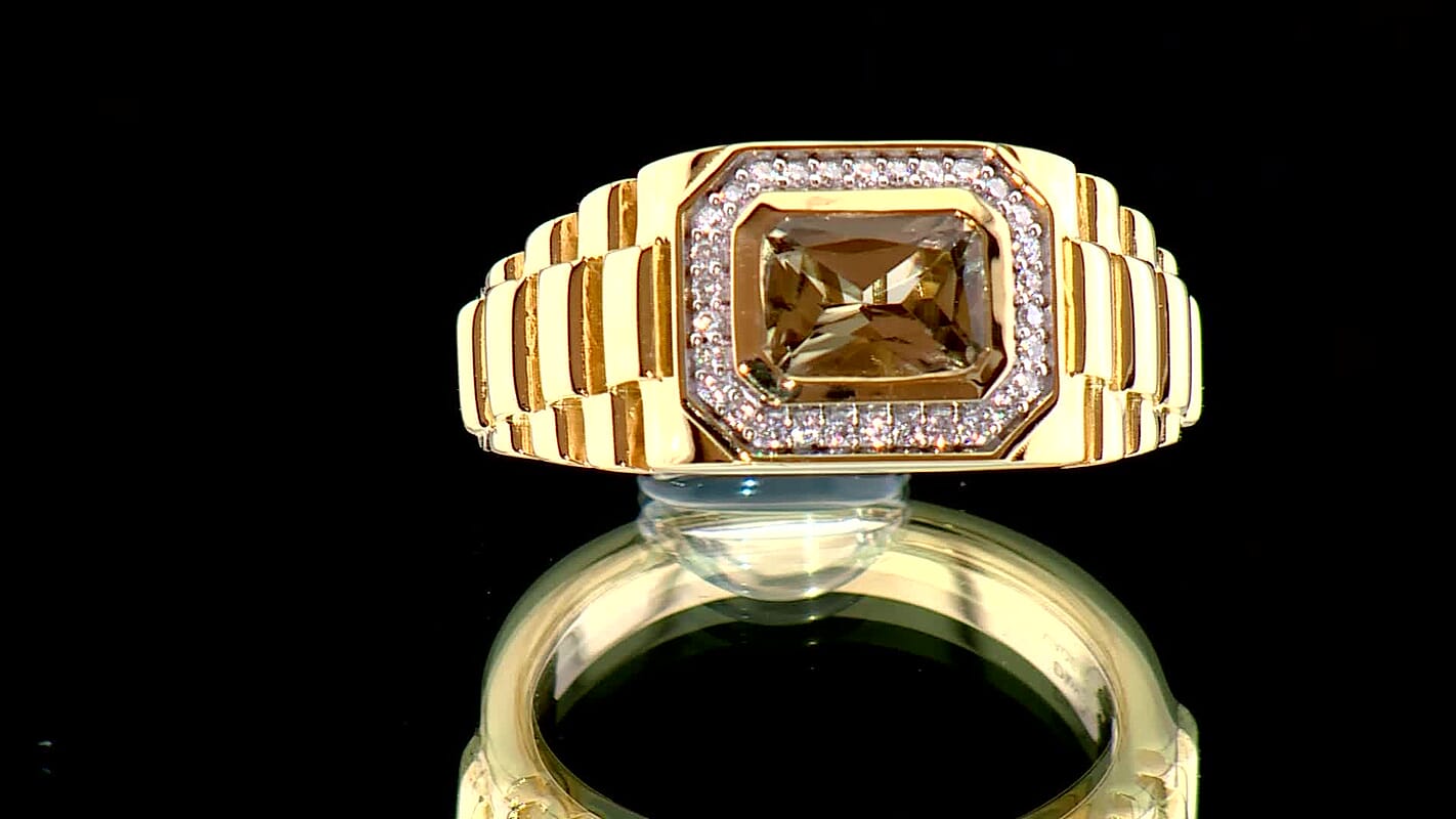 D'Joy Radiant Cut AAA Turkizite, Moissanite Men's Ring in 18K Vermeil YG Over Sterling Silver (Size 10.0) 1.90 ctw