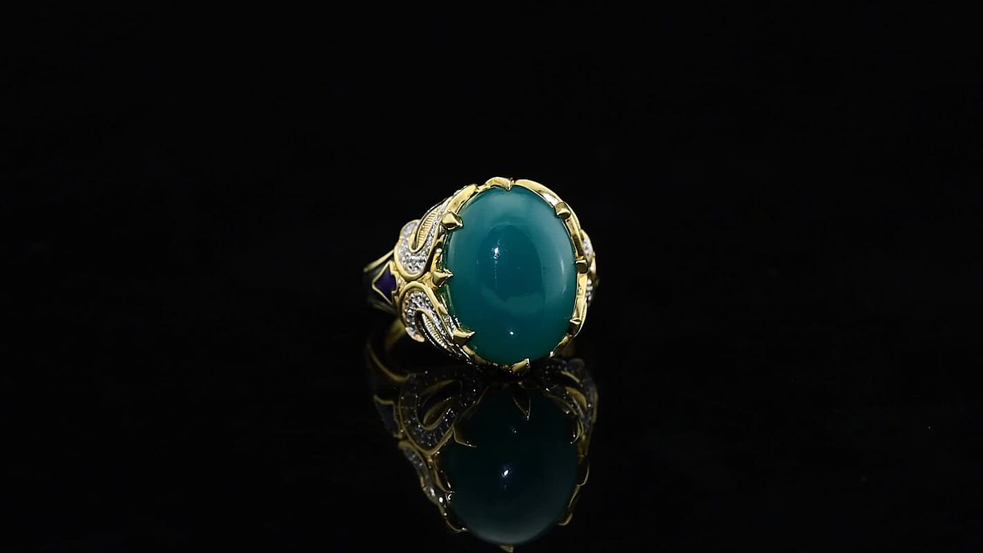 GP Royal Art Deco Collection Verde Onyx, White Zircon Ring in 18K Vermeil YG Over Sterling Silver (Size 10.0) 10.80 ctw