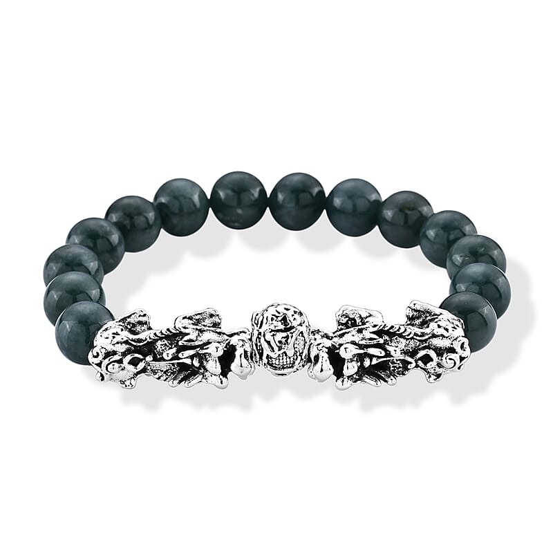 Natural Olmec Jadeite 180.00 ctw Beaded Stretch Bracelet with Pixiu in Silvertone (6.5-7In)