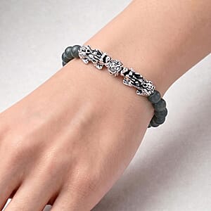 Natural Olmec Jadeite 180.00 ctw Beaded Stretch Bracelet with Pixiu in Silvertone (6.5-7In)