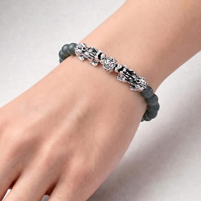 Natural Olmec Jadeite 180.00 ctw Beaded Stretch Bracelet with Pixiu in Silvertone (6.5-7In)