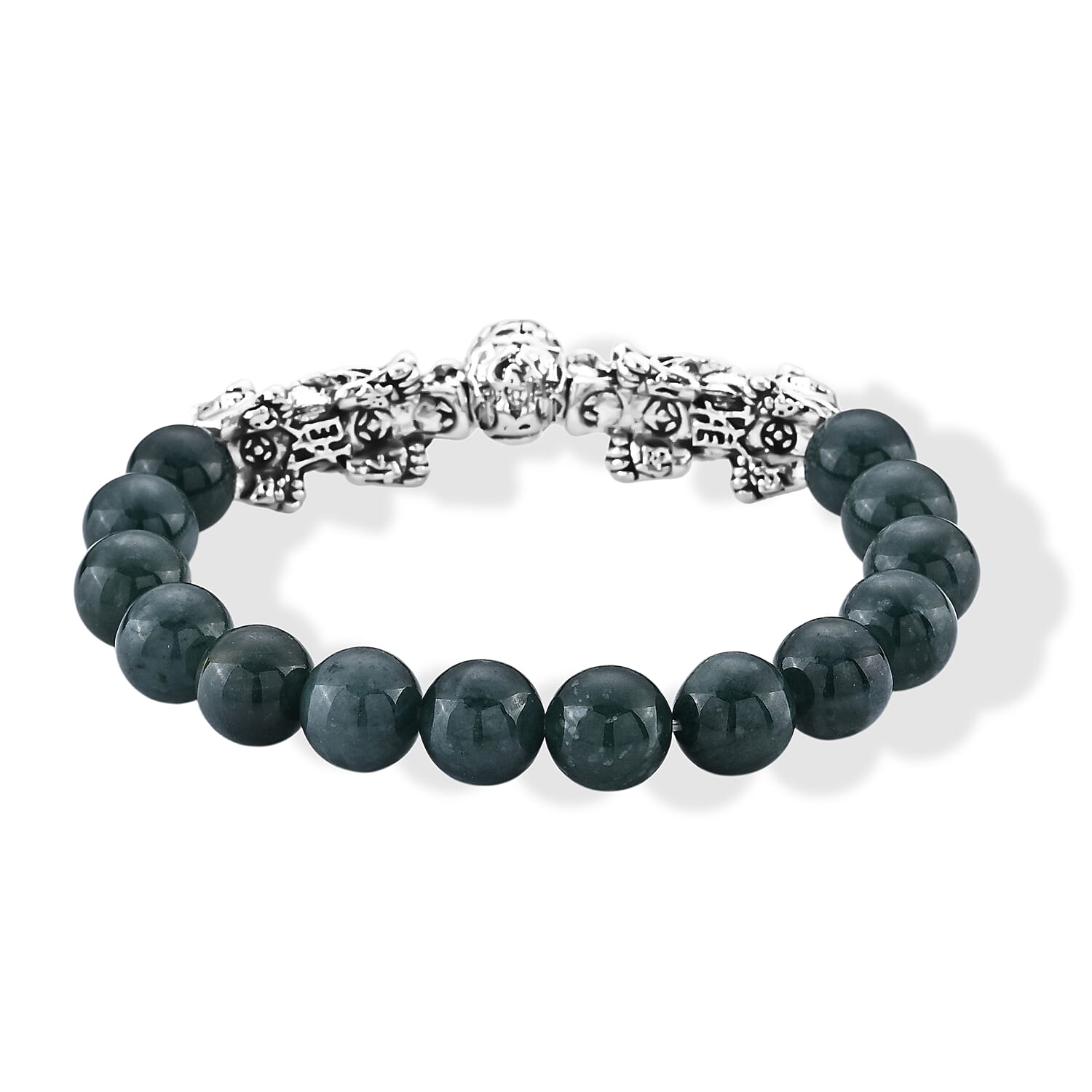 Natural Olmec Jadeite 180.00 ctw Beaded Stretch Bracelet with Pixiu in Silvertone (6.5-7In)
