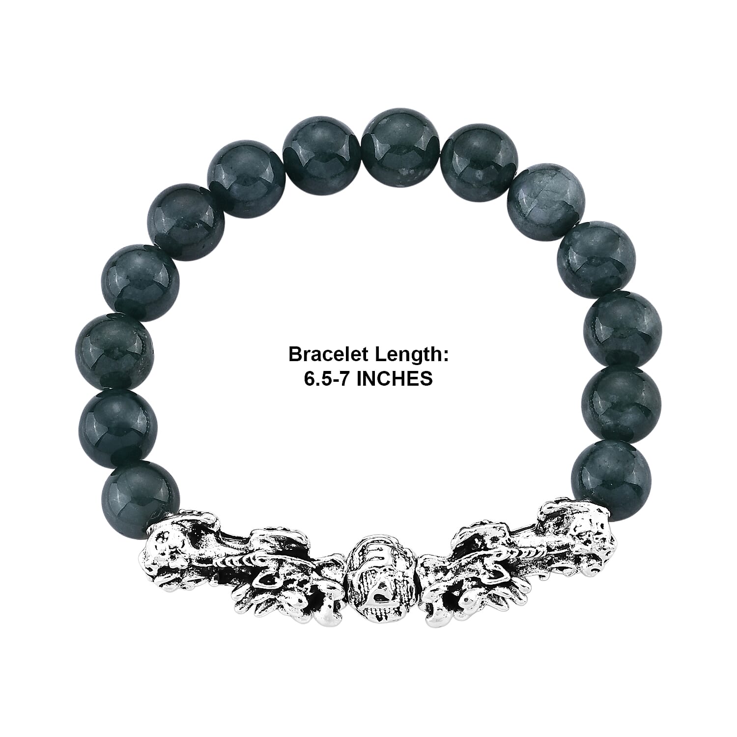 Natural Olmec Jadeite 180.00 ctw Beaded Stretch Bracelet with Pixiu in Silvertone (6.5-7In)