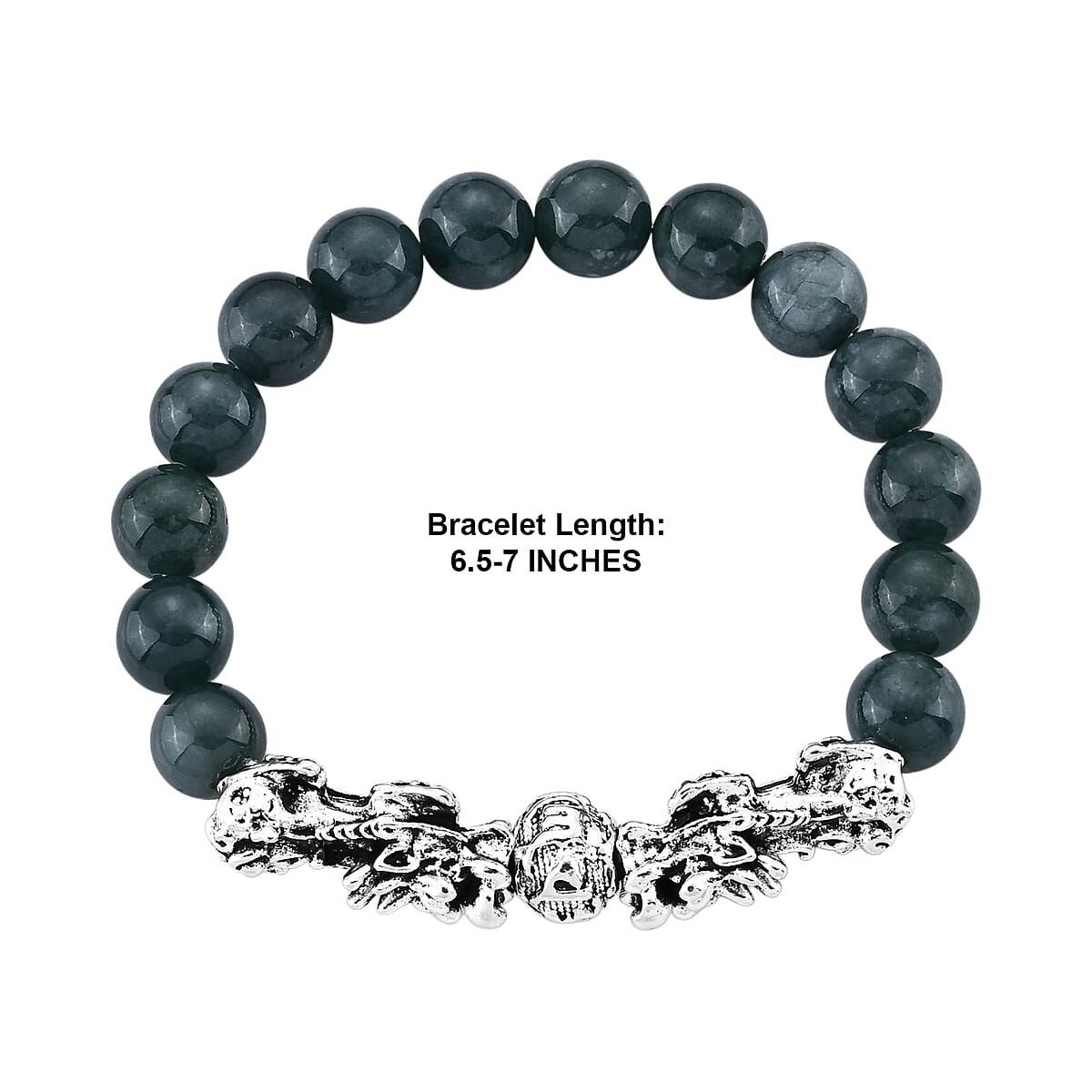 Natural Olmec Jadeite 180.00 ctw Beaded Stretch Bracelet with Pixiu in Silvertone (6.5-7In) image number 4